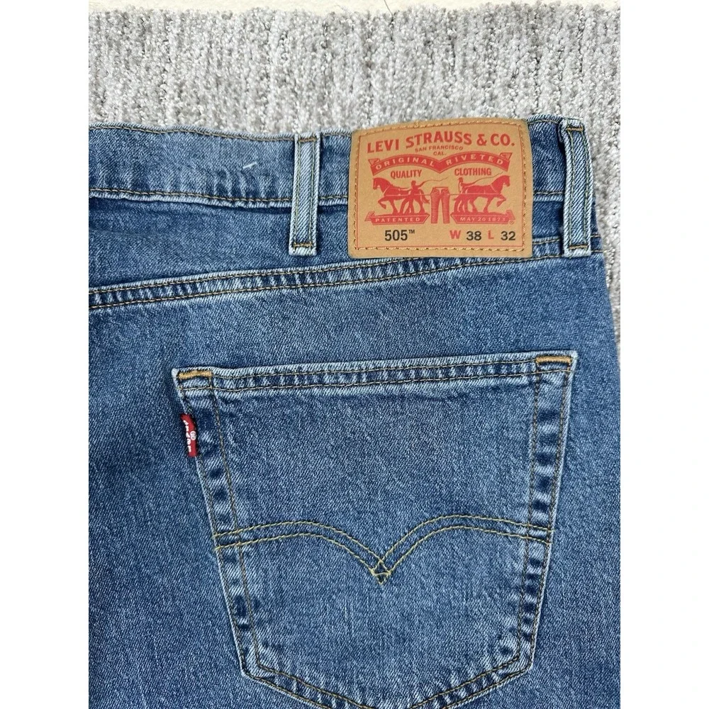 Levis 505 Jeans Mens 38x32 Regular Straight Stretch Blue Medium Wash Denim